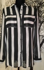 Black and White Button Down Striped Sheer Tunic